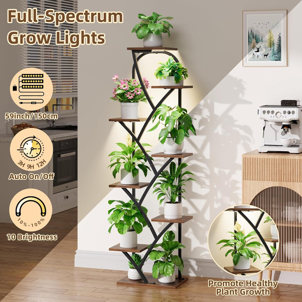Plant Stand Indoor With Grow Lights - Tall Plant Stand For Indoor Plants, 59.5" Lighted Corner Plant Shelf Indoor, 8 Tiered Flower Holder, Dsiplay Rack For Living Room, Hallway, Home