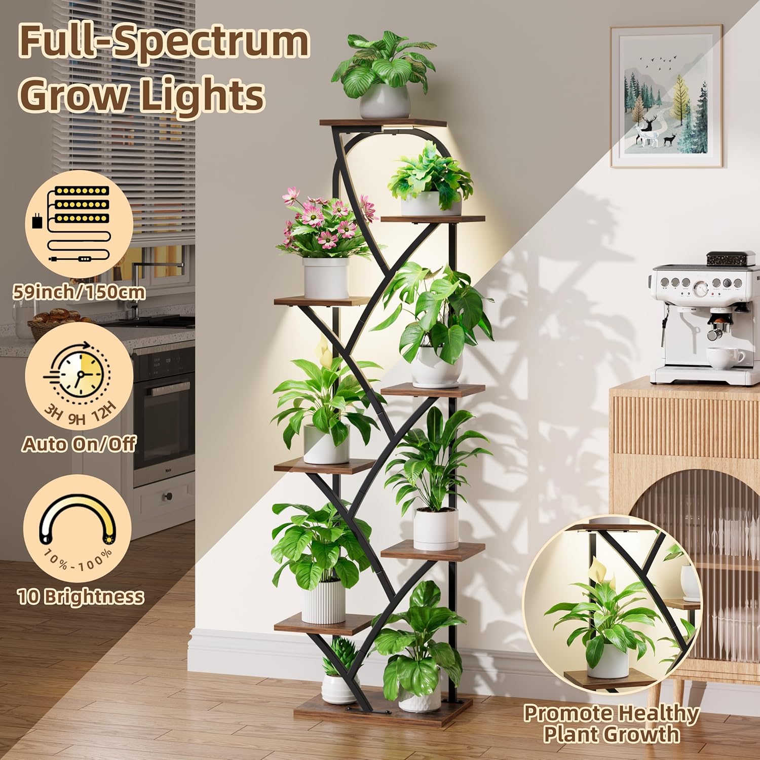 Plant Stand Indoor With Grow Lights - Tall Plant Stand For Indoor Plants, 59.5" Lighted Corner Plant Shelf Indoor, 8 Tiered Flower Holder, Dsiplay Rack For Living Room, Hallway, Home