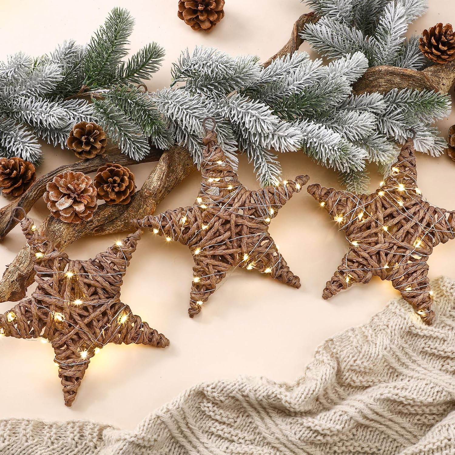AceOrbit 3 Pack Christmas Rattan Star Ornaments Rattan Star with LED Lighted Hanging Tree Ornaments Natural Brown Table Centerpiece for Xmas Tree Party Wedding Pentagram Home Decoration, 7.87 Inch