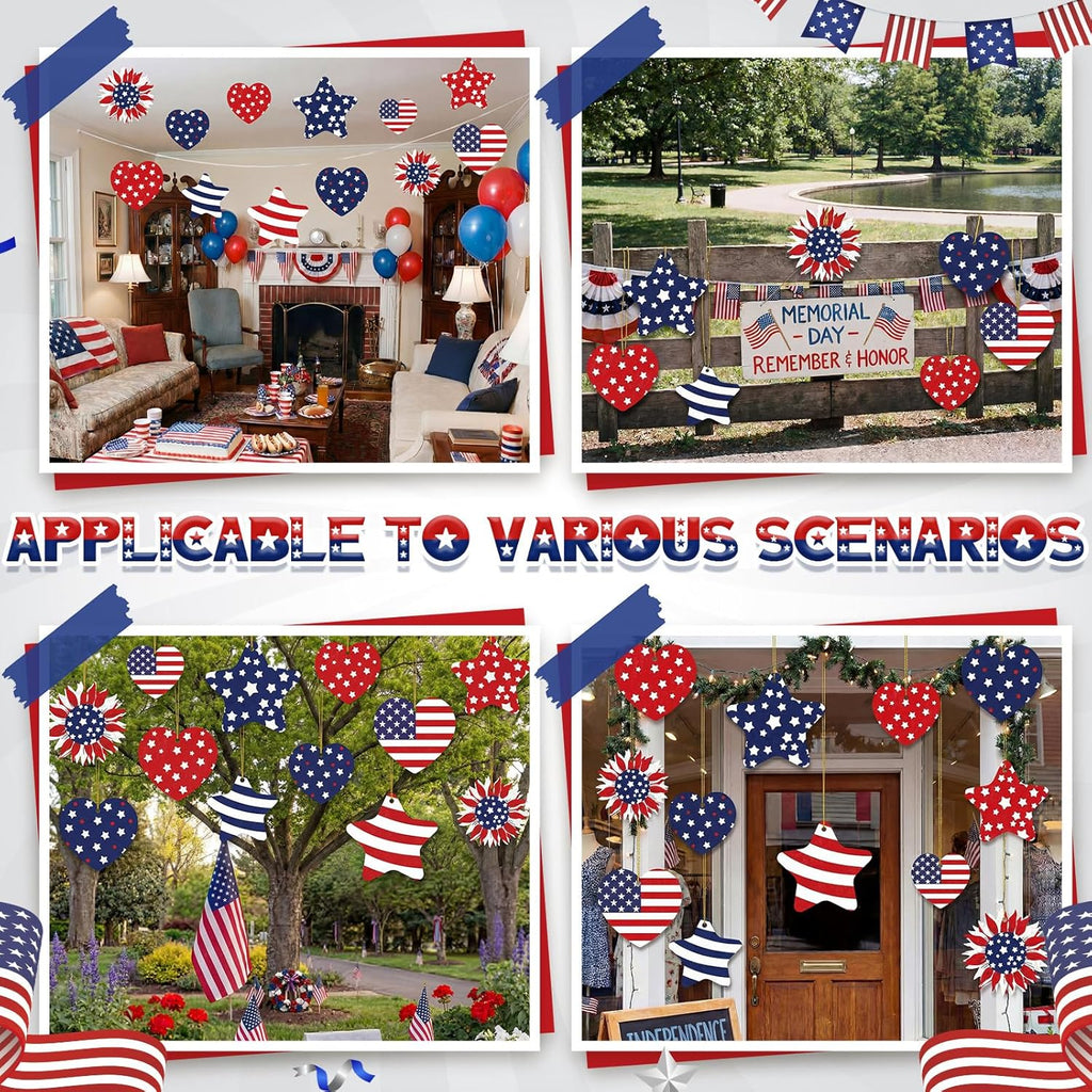 RattanView 12 Pcs Large Outdoor 4th of July Hanging Decor Patriotic Tree Ornaments 12'' and 10'' Red White Blue Plastic Tags with String Lawn Yard Garden for Independence Day 250th Anniversary Decor