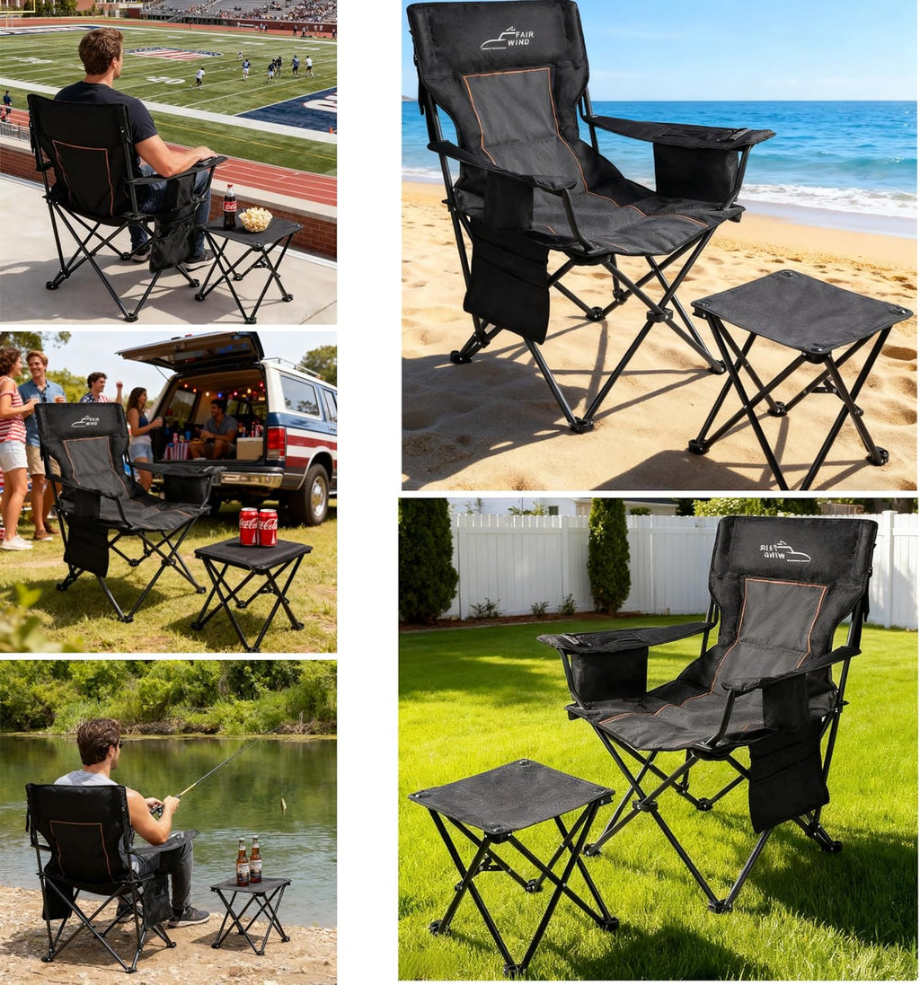 FAIR WIND Oversized Padded Camping Chair with Footrest Stool Set Heavy Duty Support 300 LBS Cooler Bag - Black