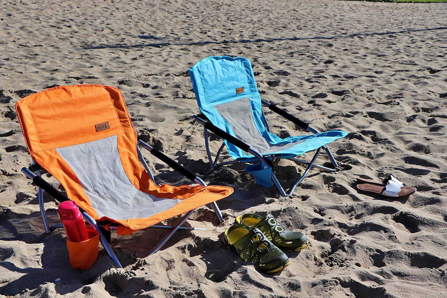 Nice C Low Beach Camping Folding Chair, Compact Backpacking River Sand Chair,Sillas De Playa, with Cup Holder, Carry Bag, Heavy Duty Outdoor, Camping, Beach, Travel, Picnic, Festival (2 Pack Orange)