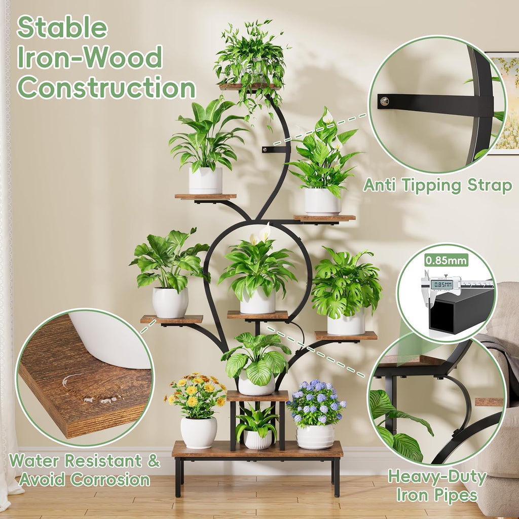 POZILAN 9-Tier Tall Plant Stand Indoor with Grow Lights, Metal & Wood Corner Plant Shelf for Living Room Balcony, 63" Tiered Display Rack for Heavy Pots, S-Shaped Modern Flower Holder, Black