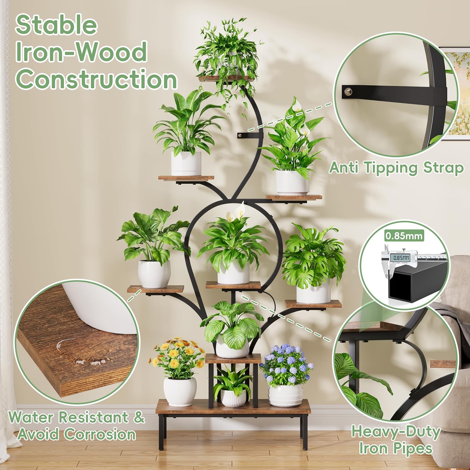 POZILAN 9-Tier Tall Plant Stand Indoor with Grow Lights, Metal & Wood Corner Plant Shelf for Living Room Balcony, 63" Tiered Display Rack for Heavy Pots, S-Shaped Modern Flower Holder, Black