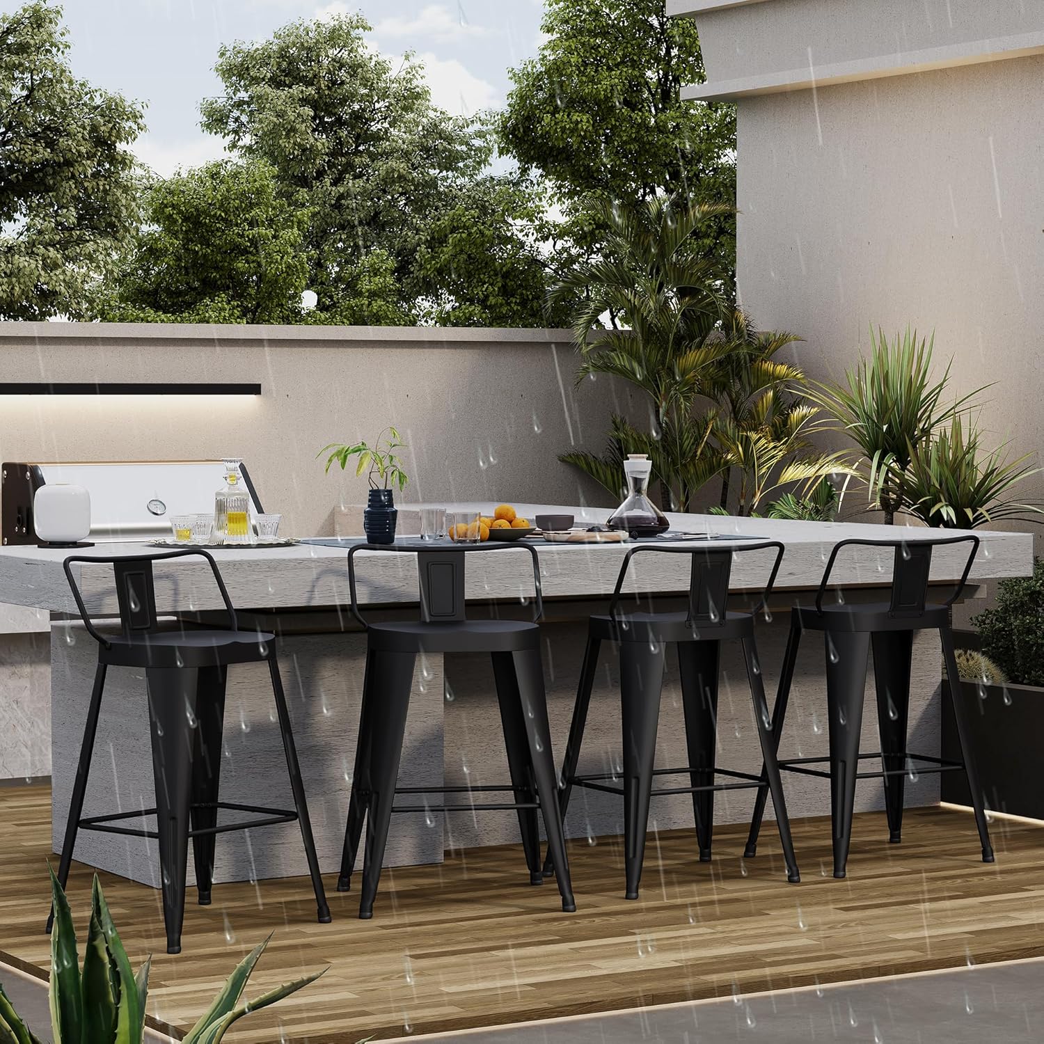 Alunaune 26inch Outdoor Metal Bar Stools Set of 4 Patio Stool Counter Height Barstools Large Seat Industrial Counter Stool Kitchen Bar Chairs Indoor-Low Back, Black