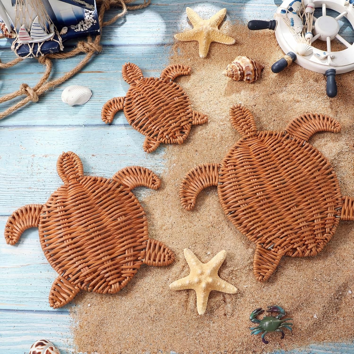 3 Size Handmade Wicker Sea Turtle Wall Decor Coastal Boho Rattan Ornament for Indoor Outdoor Home Party