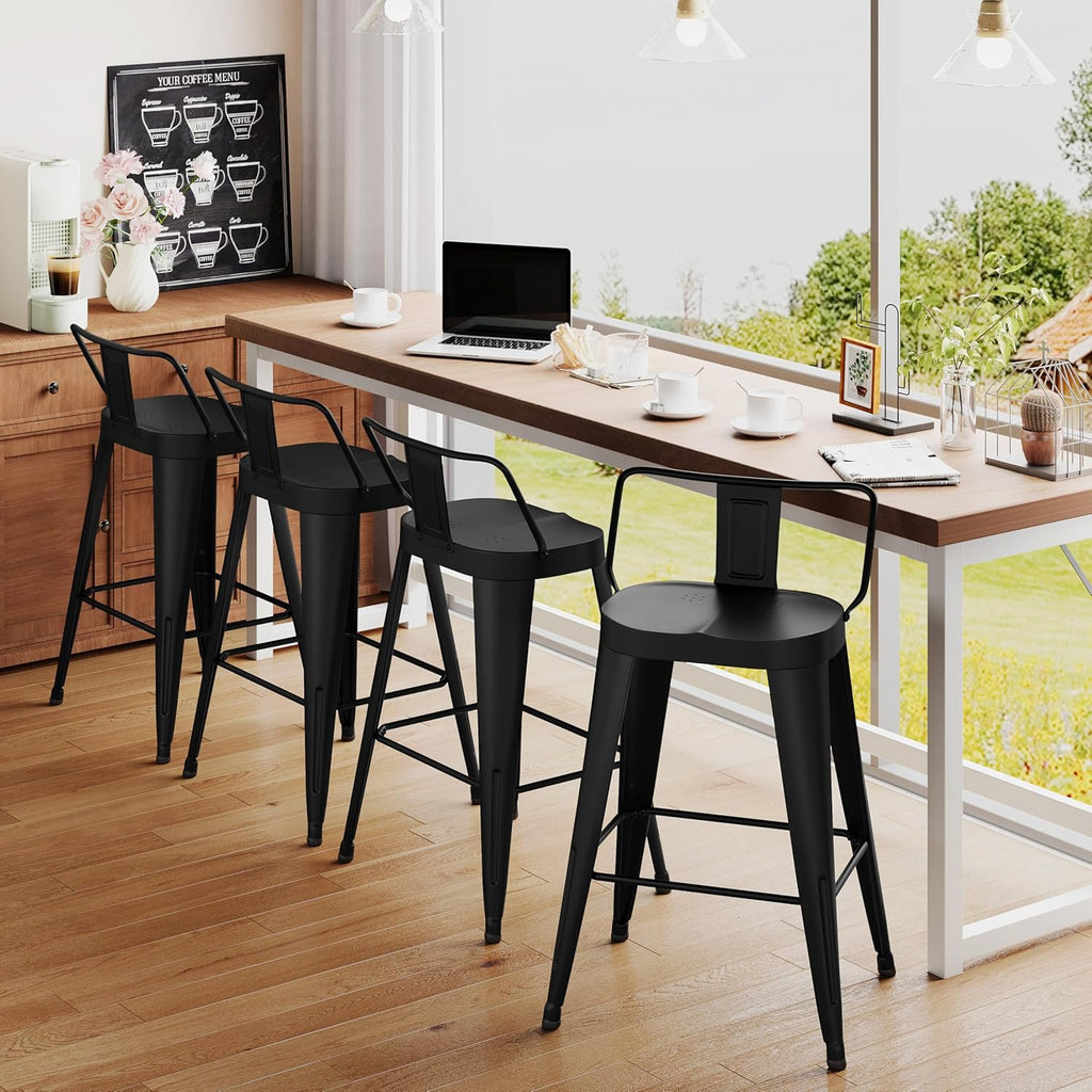 Alunaune 26inch Outdoor Metal Bar Stools Set of 4 Patio Stool Counter Height Barstools Large Seat Industrial Counter Stool Kitchen Bar Chairs Indoor-Low Back, Black